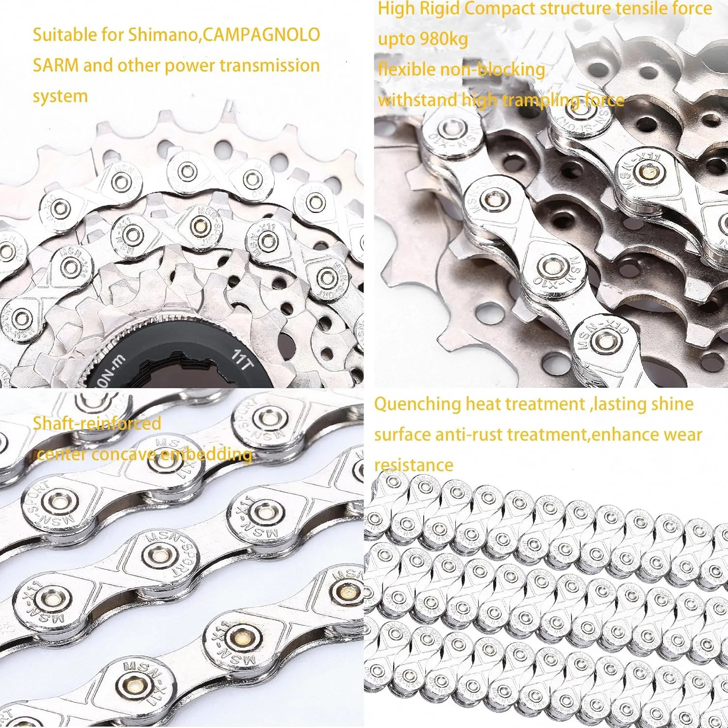 11 Speed Bike Chain 1/2" X11/128 Link 116,Road & Mountain Bicycle Chain for Shimano SRAM Campagnolo -Sliver