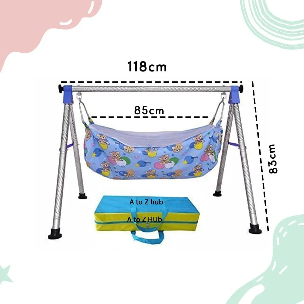 A TO Z HUB Baby Boy's and Girl's Portable Folding Swing Cradle/ghodiyu/parna/jhula, with Free Baby Cotton Hammock. (Super Folding Nri (Blue))