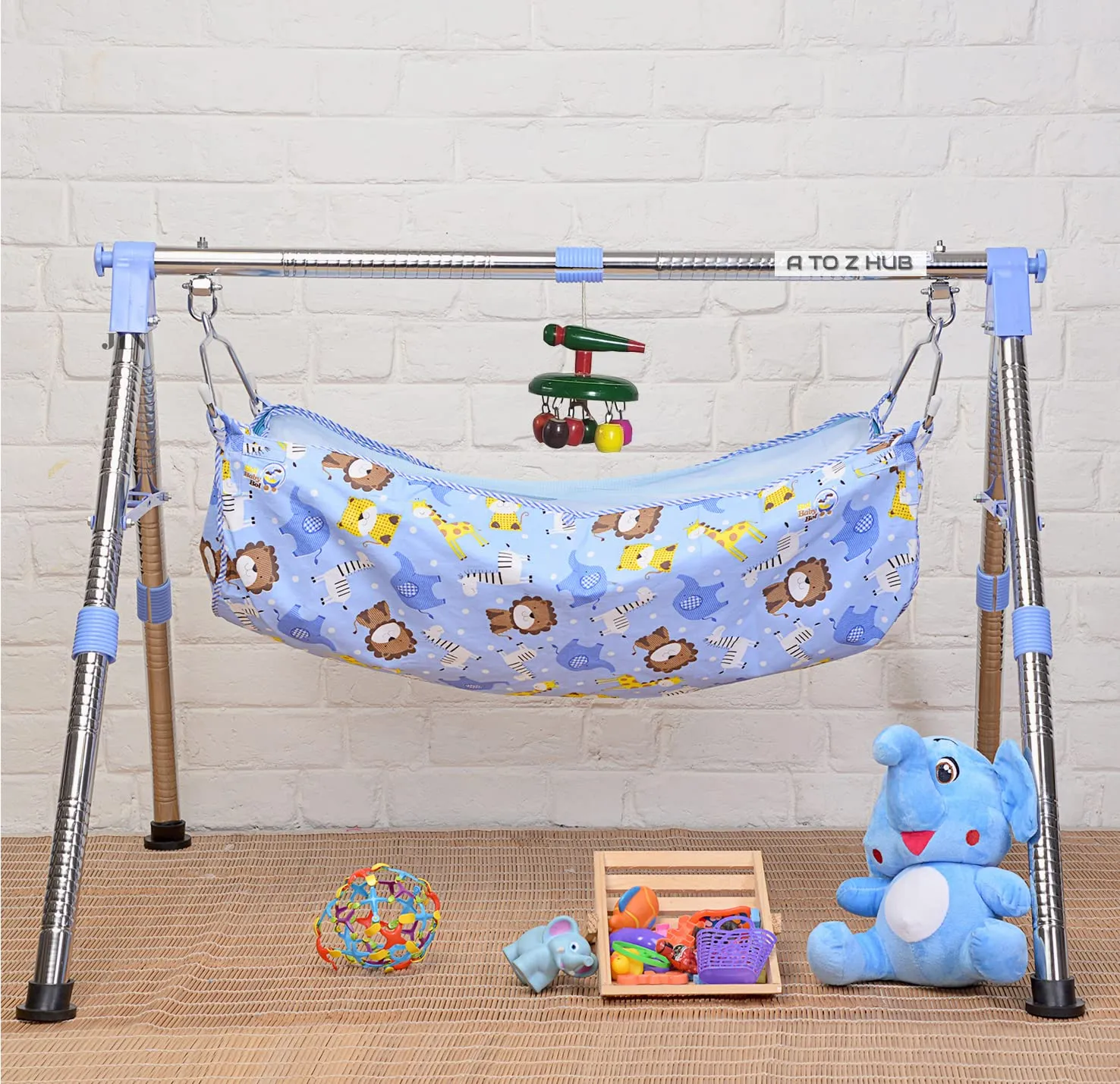 A TO Z HUB Baby Boy's and Girl's Portable Folding Swing Cradle/ghodiyu/parna/jhula, with Free Baby Cotton Hammock. (Super Folding Nri (Blue))