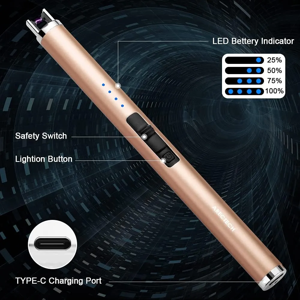 ARECTECH Rechargeable Electric Candle Lighter Arc Plasma Windproof Lighter for Candle Kitchen Birthday Gift for Mom Men Wife with Type-C Cable Champagne Gold