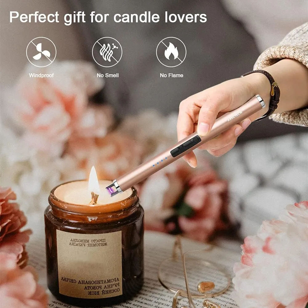 ARECTECH Rechargeable Electric Candle Lighter Arc Plasma Windproof Lighter for Candle Kitchen Birthday Gift for Mom Men Wife with Type-C Cable Champagne Gold