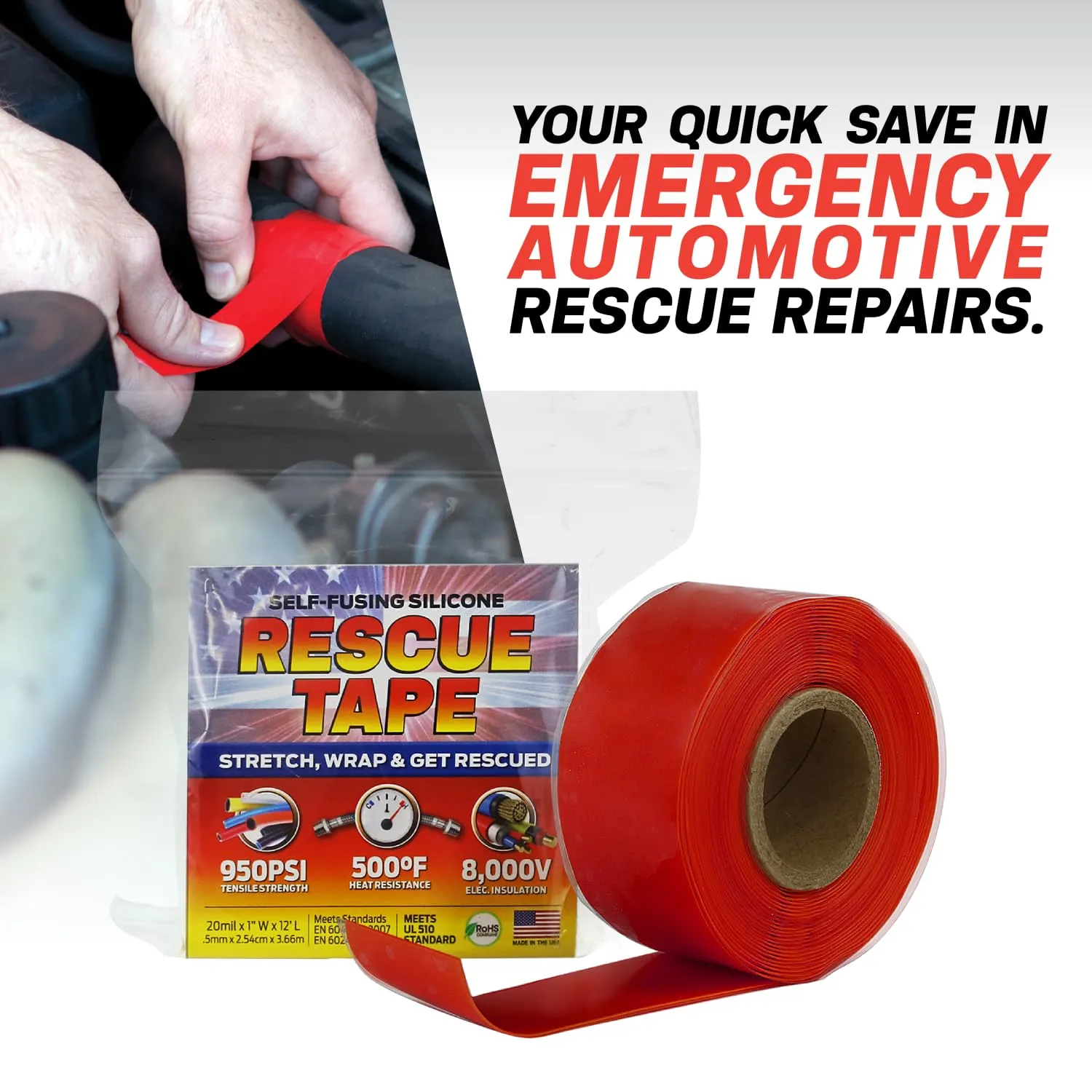 Bond It Rescue Tape, Self-Fusing Silicone for Emergency Plumbing, Pipe & Hose Repair, Electrical Insulation, Waterproof, 950PSI, Made in USA, 1" x 12', White