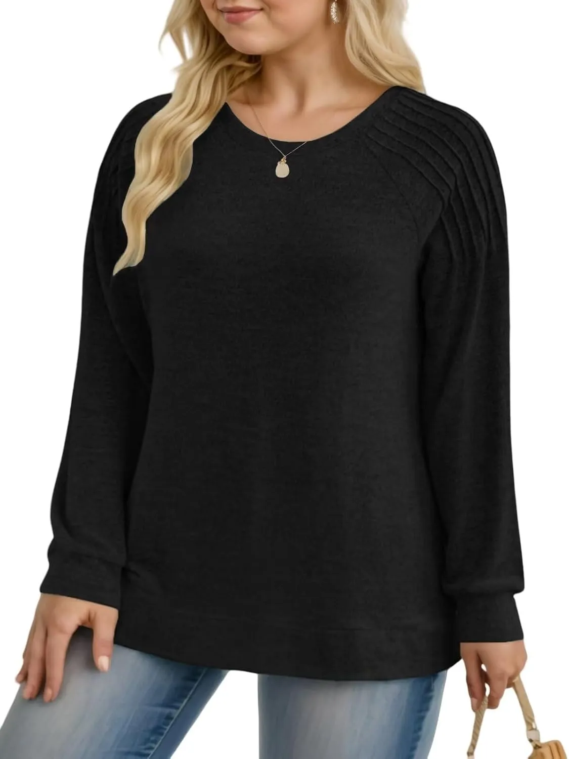DOLNINE Plus-Size-Sweatshirts for Women Crewneck Pleated Long Sleeve Shirts Fashion Loose Fit Tunic Tops