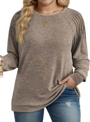 DOLNINE Plus-Size-Sweatshirts for Women Crewneck Pleated Long Sleeve Shirts Fashion Loose Fit Tunic Tops