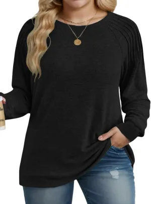 DOLNINE Plus-Size-Sweatshirts for Women Crewneck Pleated Long Sleeve Shirts Fashion Loose Fit Tunic Tops