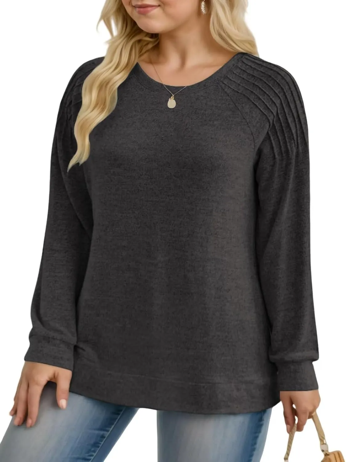 DOLNINE Plus-Size-Sweatshirts for Women Crewneck Pleated Long Sleeve Shirts Fashion Loose Fit Tunic Tops