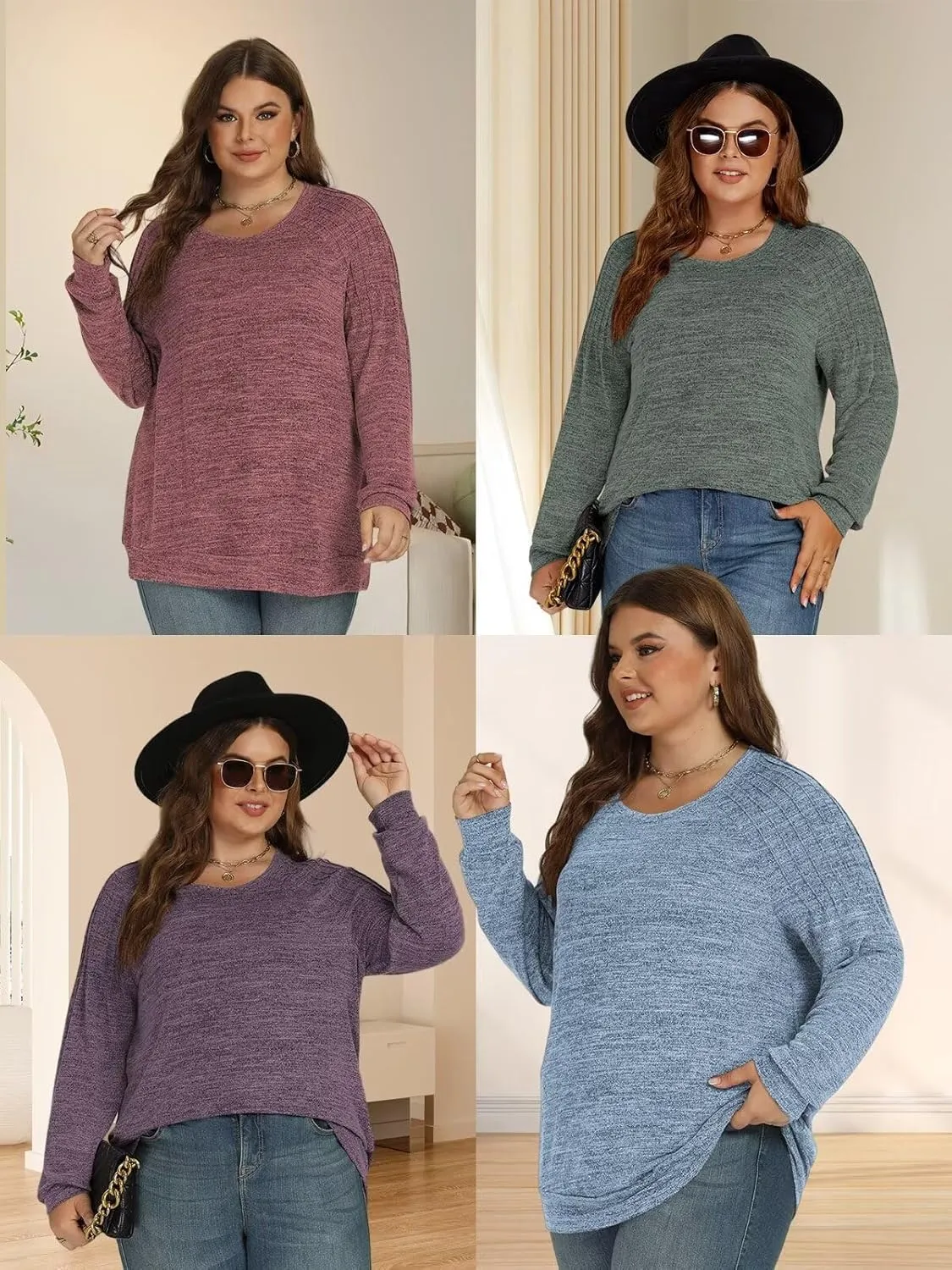 DOLNINE Plus-Size-Sweatshirts for Women Crewneck Pleated Long Sleeve Shirts Fashion Loose Fit Tunic Tops