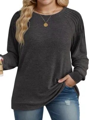 DOLNINE Plus-Size-Sweatshirts for Women Crewneck Pleated Long Sleeve Shirts Fashion Loose Fit Tunic Tops
