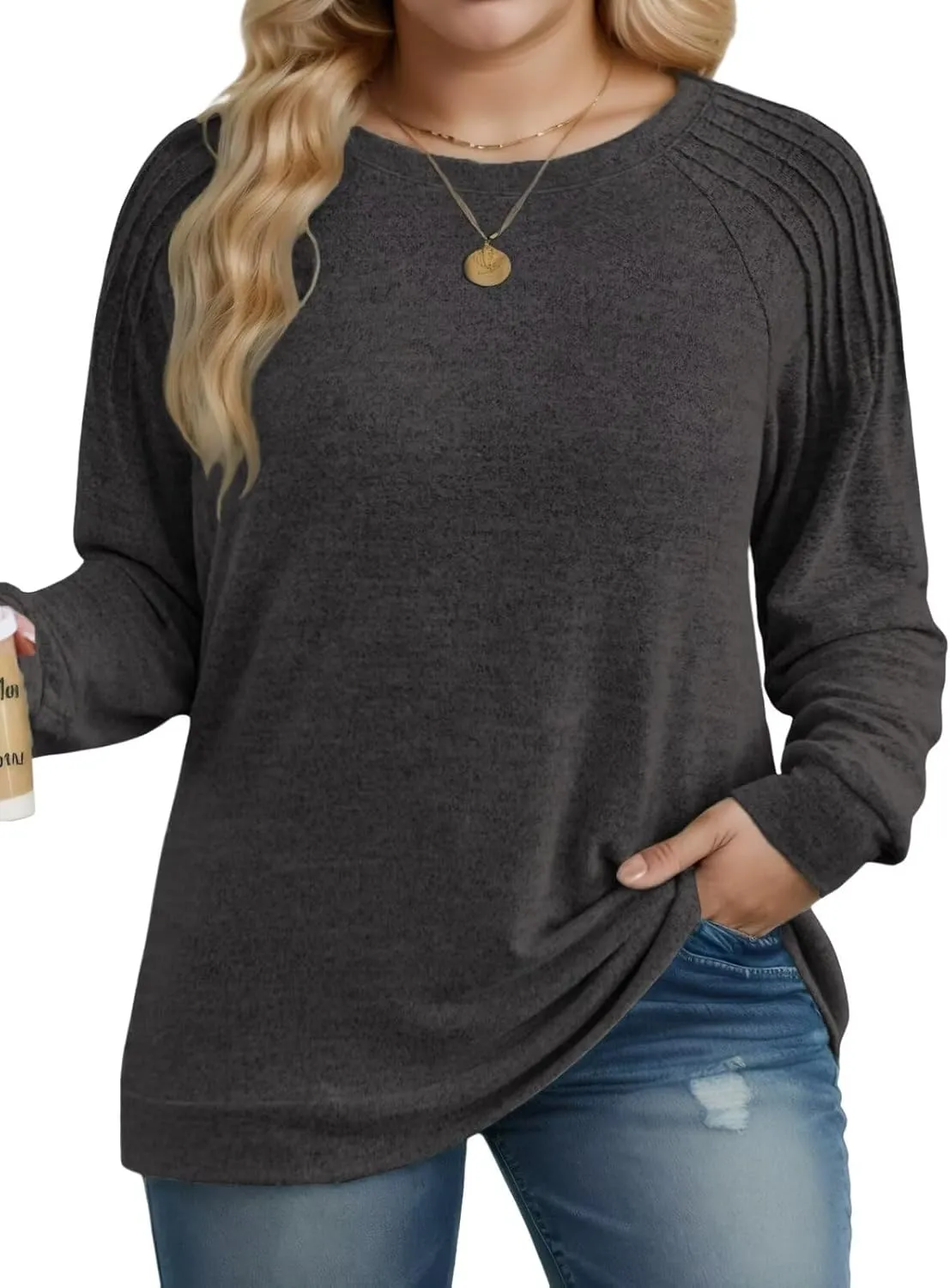 DOLNINE Plus-Size-Sweatshirts for Women Crewneck Pleated Long Sleeve Shirts Fashion Loose Fit Tunic Tops