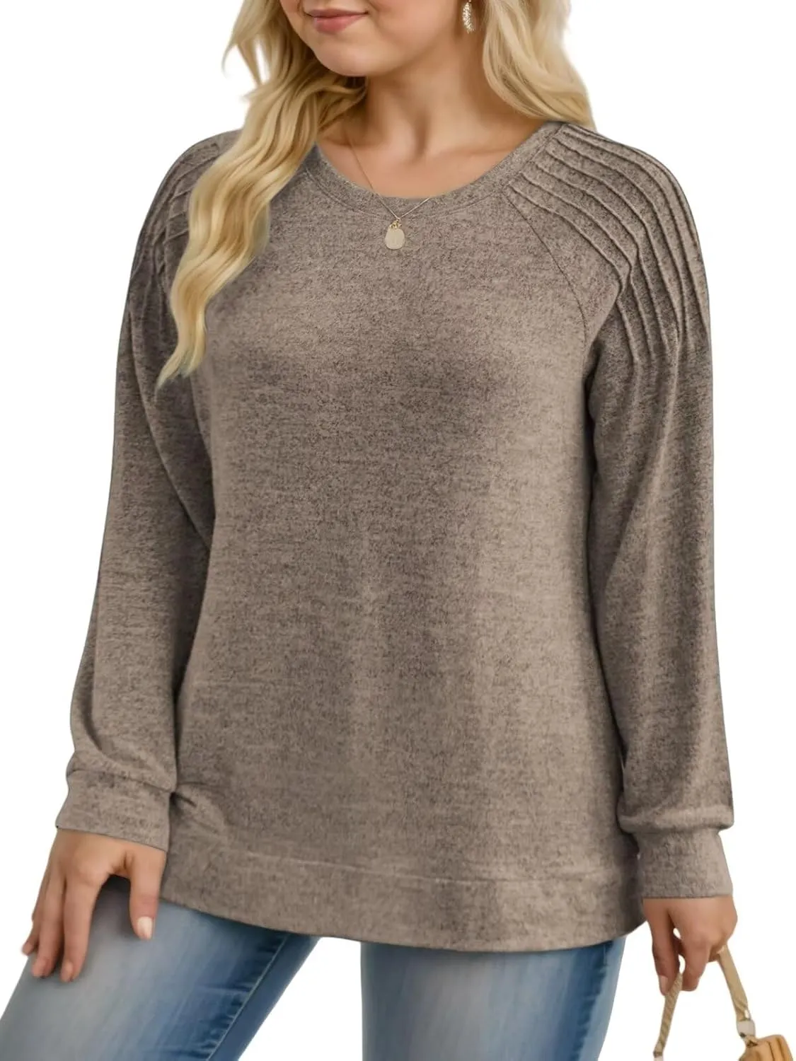 DOLNINE Plus-Size-Sweatshirts for Women Crewneck Pleated Long Sleeve Shirts Fashion Loose Fit Tunic Tops
