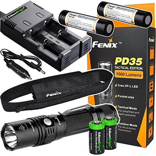 Fenix PD35 TAC 2015 tactical Edition 1000 Lumen CREE LED Flashlight with 2 X Fenix ARB-L2M 18650 Li-ion rechargeable batteries, home/car smart Charger and 2 X EdisonBright CR123A Lithium batteries bundle