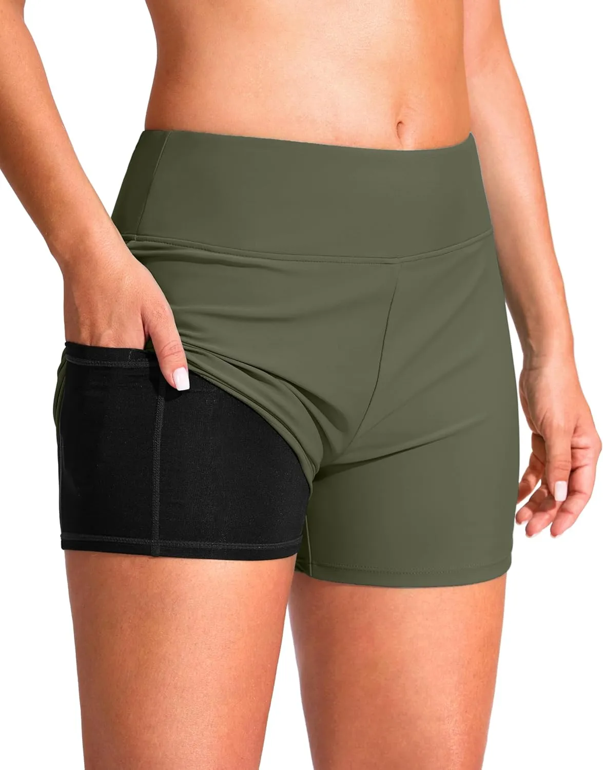 G Gradual Women's 4" Swim Board Shorts High Waisted Tummy Control Swimsuit Bathing Suit Bottoms for Women with Liner Pocket