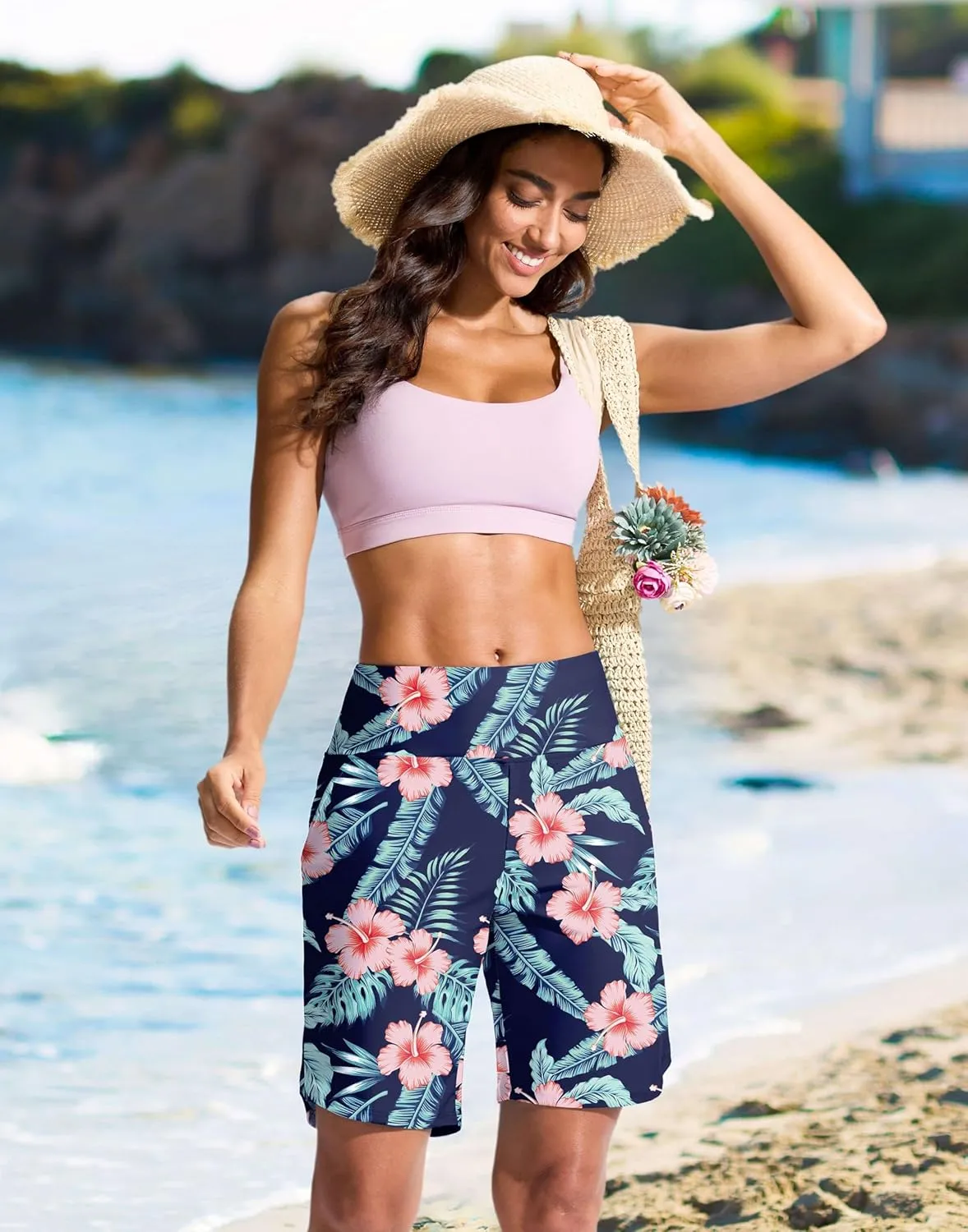 G Gradual Women's 9" Long Swim Board Shorts High Waisted Quick Dry Beach Swimming Shorts for Women with Pockets Liner