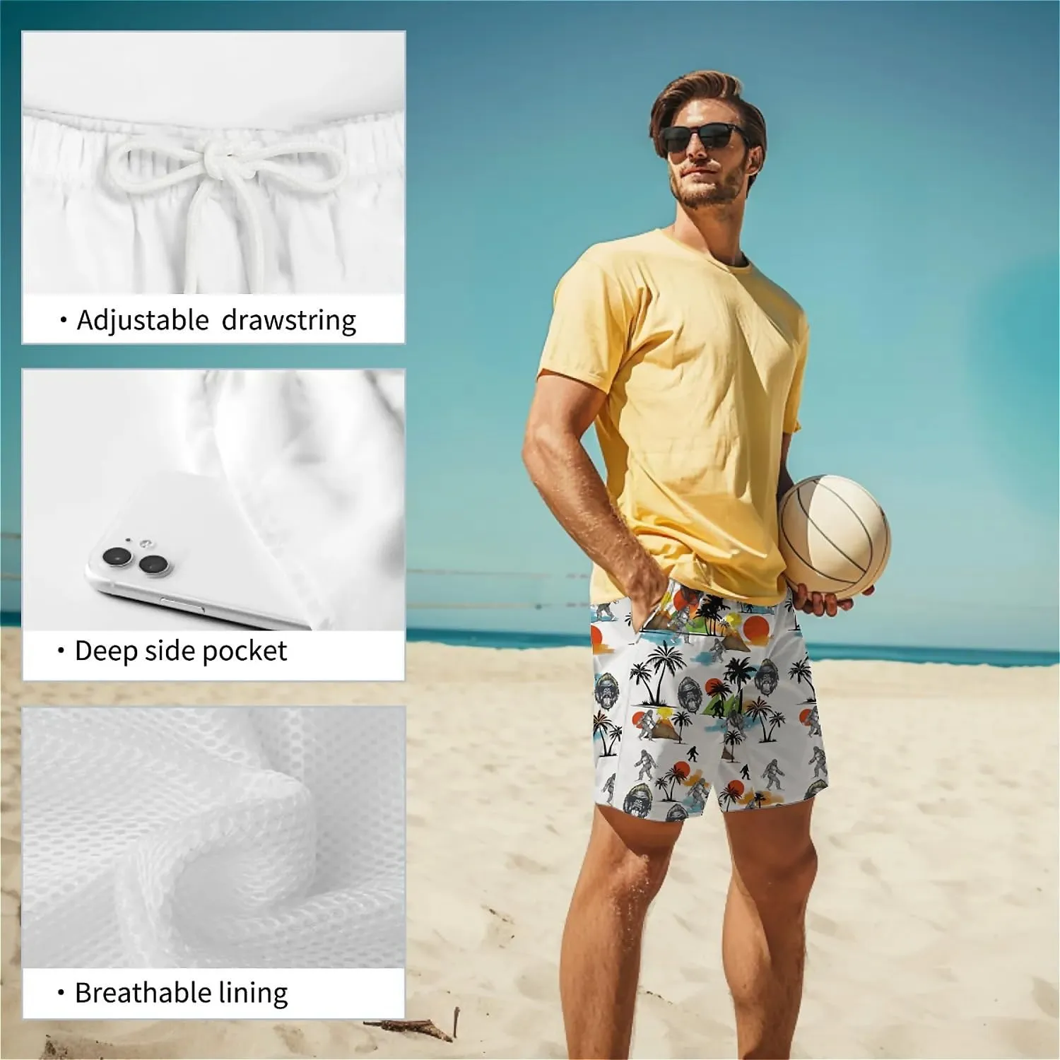 Galaxy Green Men's Swim Trunks Hawaiian Bathing Mesh Lining Suit Swimsuits Beach Shorts with Pockets