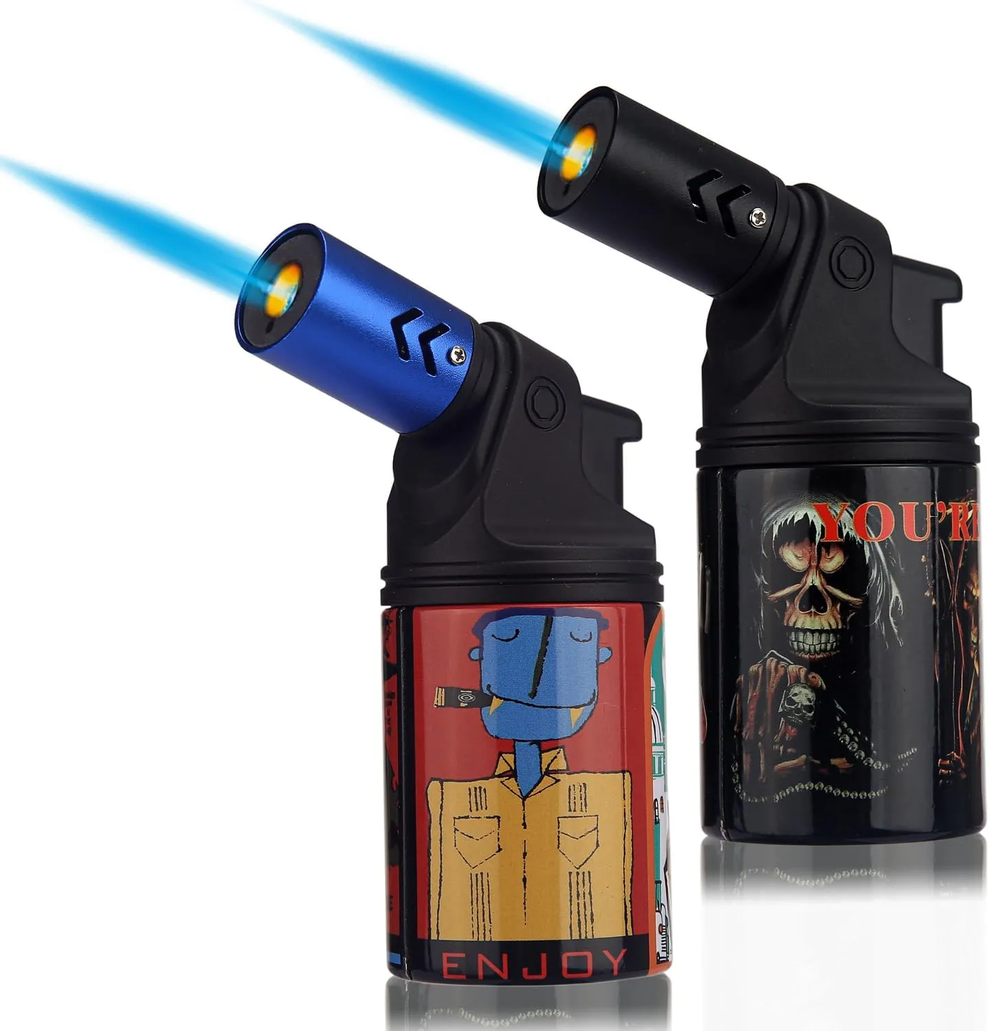 HONEST Two Pack High Cost Performance Torch Lighter Single Power Jet Flame Butane Lighters Refillable Adjustable Gas Lighter Windproof Lighters Candle BBQ Grill Camping (Black& Blue)