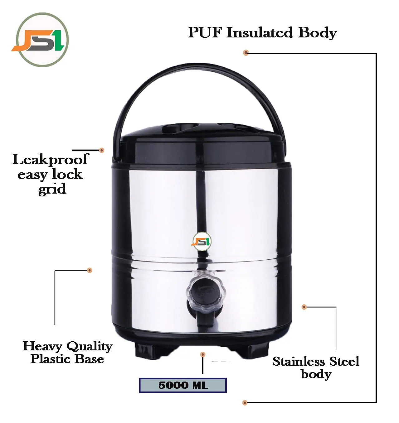 JSI Stainless Steel Water Jug/Pitcher/Jug with PU Insulated Body I Big Size 5 Liters I Hot and Cold Up to 4-6 Hours I Water Cooler/Dispenser for Home Kitchen Office Travelling