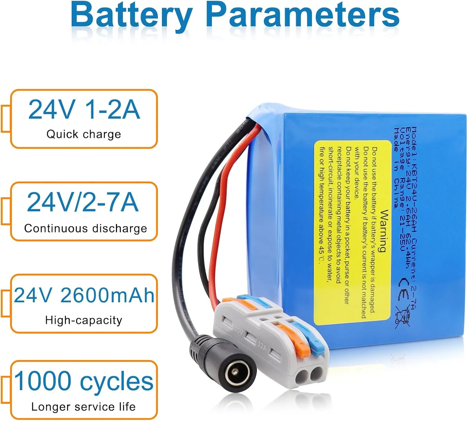 KBT 24V 2.6Ah Rechargeable Lithium Replacement Battery with Charger, Charging Cable, Cable Connector