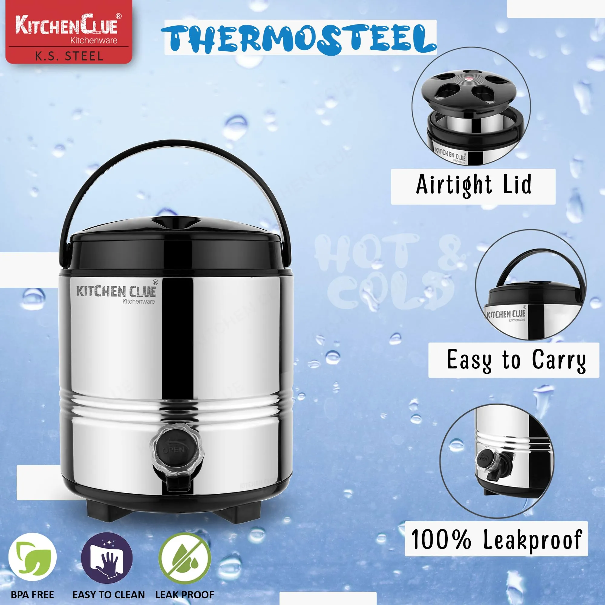 Kitchen Clue Hot Tea/Coffee Flask for Kitchen I 5 Liters of Insulated HOT & Cold Water Dispenser with Handle I Airtight & Spill-Proof Lid I PUF Insulated Keeps Deverages Hot & Cold for Longer Time