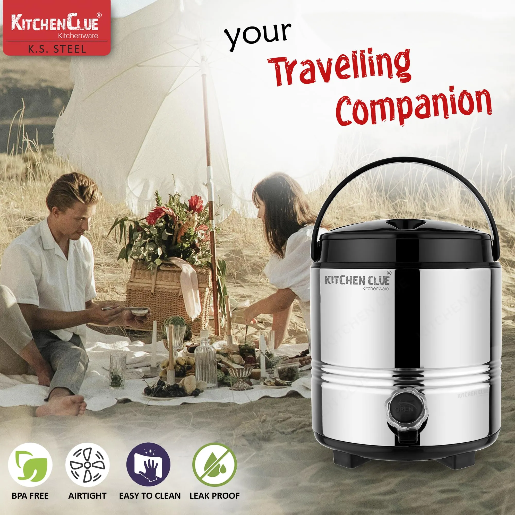Kitchen Clue Hot Tea/Coffee Flask for Kitchen I 5 Liters of Insulated HOT & Cold Water Dispenser with Handle I Airtight & Spill-Proof Lid I PUF Insulated Keeps Deverages Hot & Cold for Longer Time