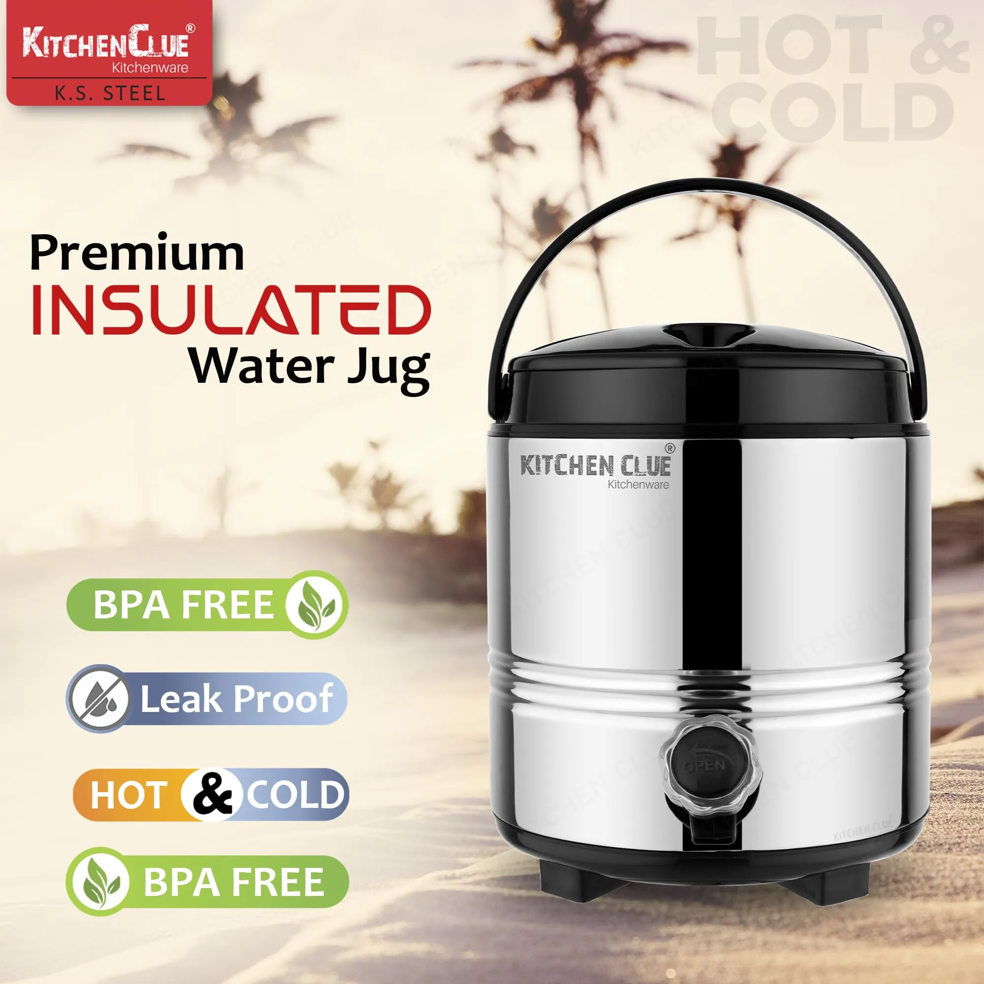 Kitchen Clue Hot Tea/Coffee Flask for Kitchen I 5 Liters of Insulated HOT & Cold Water Dispenser with Handle I Airtight & Spill-Proof Lid I PUF Insulated Keeps Deverages Hot & Cold for Longer Time