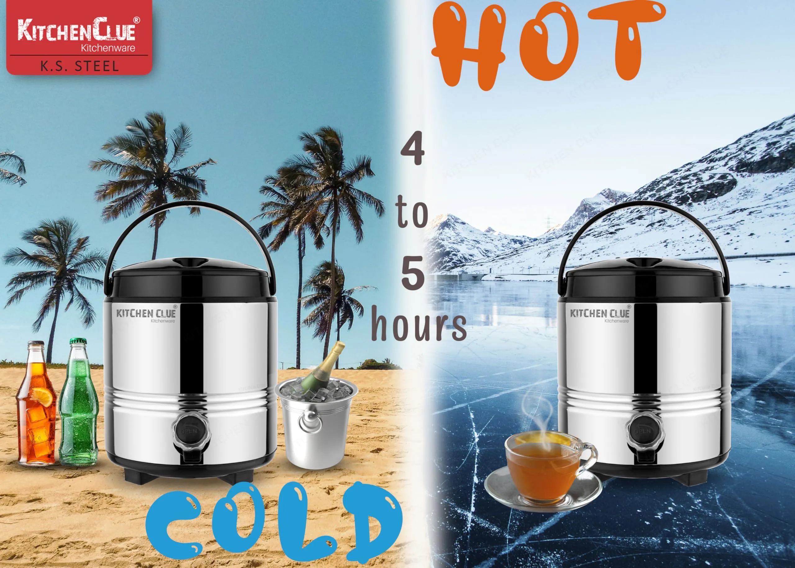 Kitchen Clue Hot Tea/Coffee Flask for Kitchen I 5 Liters of Insulated HOT & Cold Water Dispenser with Handle I Airtight & Spill-Proof Lid I PUF Insulated Keeps Deverages Hot & Cold for Longer Time