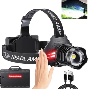 LED Rechargeable Headlamp, High Lumens Super Bright with 5 Modes & IPX7 Level Waterproof USB Rechargeable Zoom Headlamp, 90 Adjustable for Outdoor Camping, Running, Cycling, Climbing