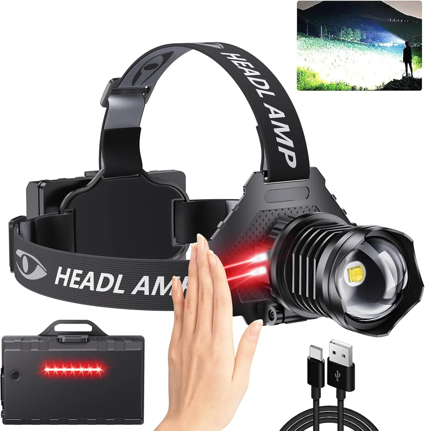 LED Rechargeable Headlamp, High Lumens Super Bright with 5 Modes & IPX7 Level Waterproof USB Rechargeable Zoom Headlamp, 90 Adjustable for Outdoor Camping, Running, Cycling, Climbing