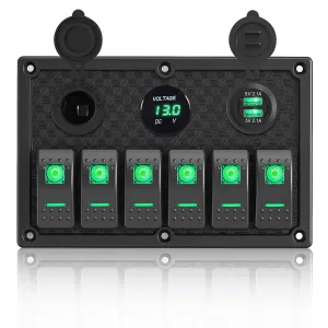 Marine Switch Panel, 6 Gang Rocker Switch Panel with LED Digital Voltmeter 3.1A Dual USB Charger, 12/24V Toggle Switch Panel for Automotive Cars Marine Boats RV (Green, 6 Gang)