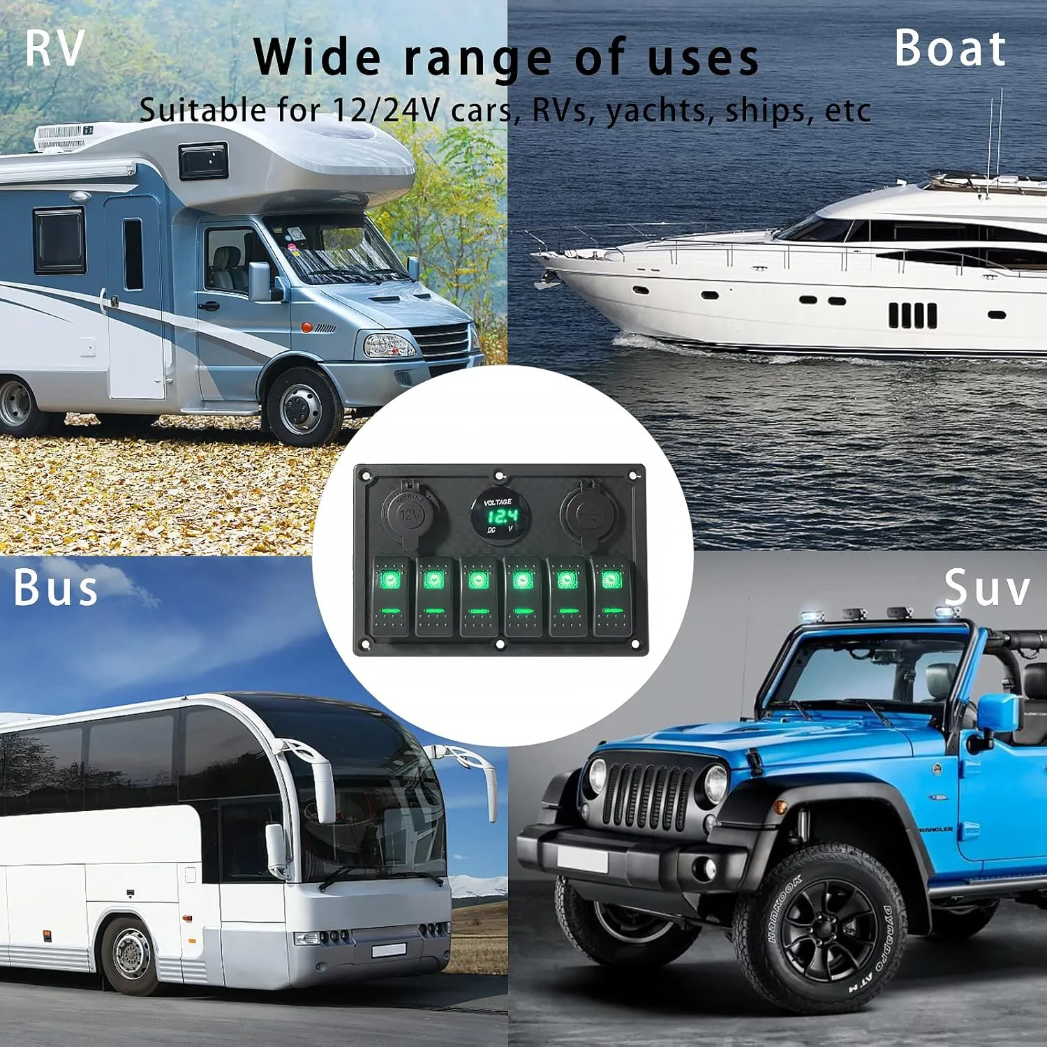 Marine Switch Panel, 6 Gang Rocker Switch Panel with LED Digital Voltmeter 3.1A Dual USB Charger, 12/24V Toggle Switch Panel for Automotive Cars Marine Boats RV (Green, 6 Gang)