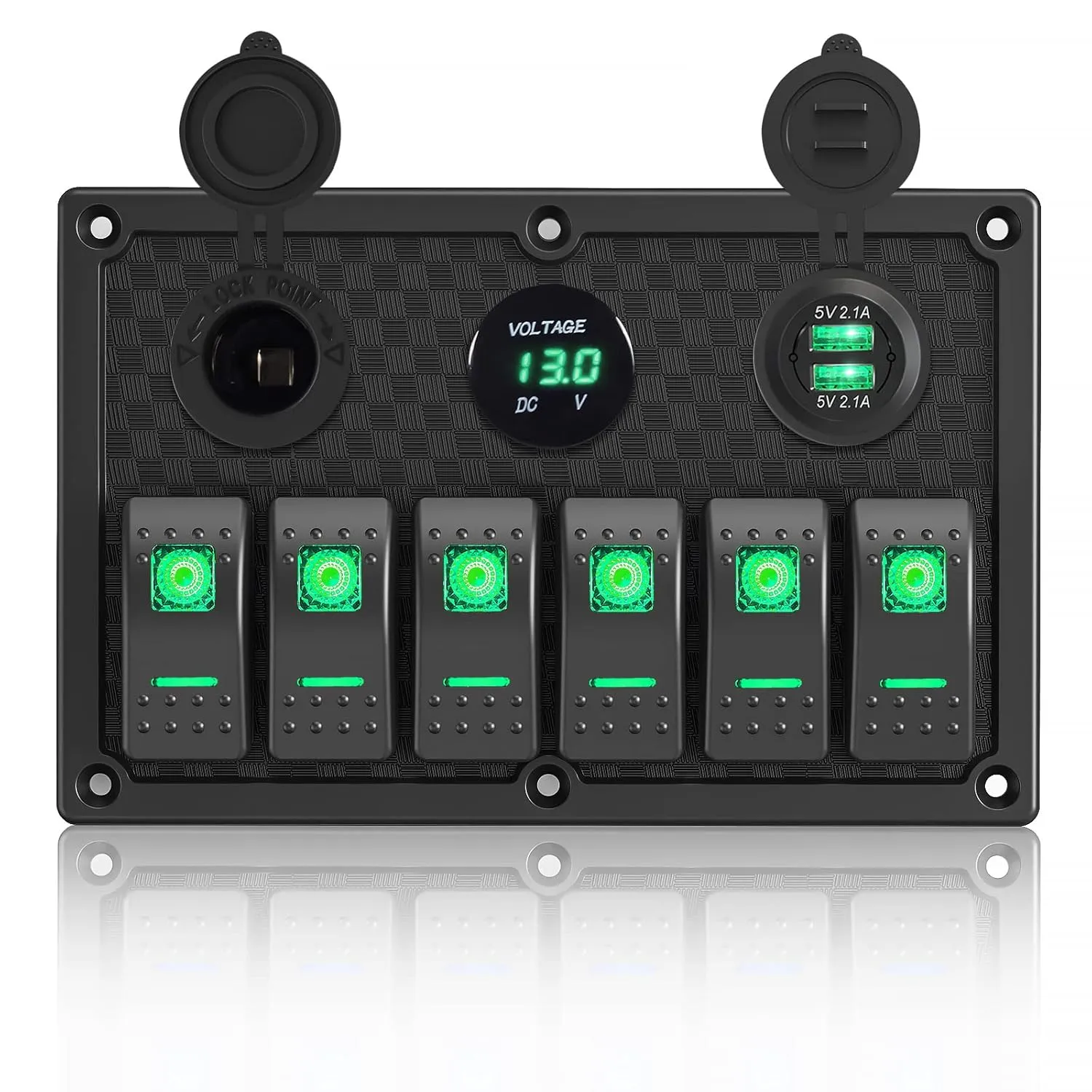 Marine Switch Panel, 6 Gang Rocker Switch Panel with LED Digital Voltmeter 3.1A Dual USB Charger, 12/24V Toggle Switch Panel for Automotive Cars Marine Boats RV (Green, 6 Gang)