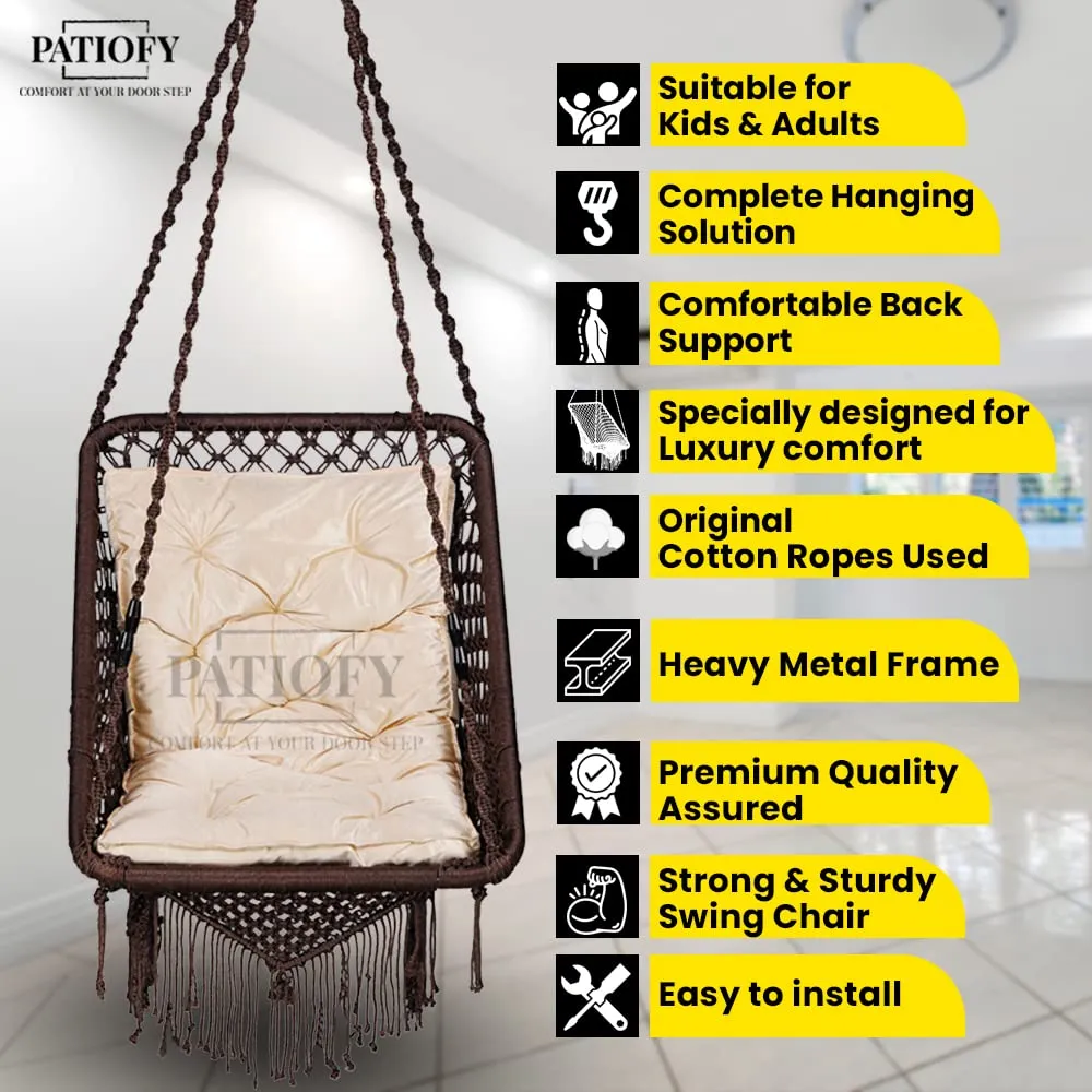 Patiofy Metal Premium Square Relaxo Jhula Swing Chair For Adults&Kids/Hammock Hanging Swing For Balcony, Indoor&Outdoor/Hanging Jhula Chair With Free L Cushion& Hanging Kit/ 150Kgs Capacity(Brown)