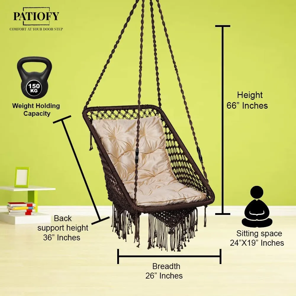 Patiofy Metal Premium Square Relaxo Jhula Swing Chair For Adults&Kids/Hammock Hanging Swing For Balcony, Indoor&Outdoor/Hanging Jhula Chair With Free L Cushion& Hanging Kit/ 150Kgs Capacity(Brown)
