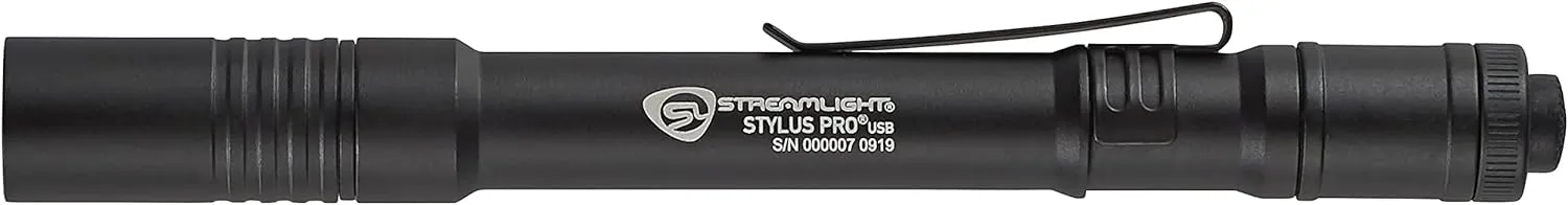 Streamlight 66133 Stylus Pro USB 350-Lumen Rechargeable Penlight with 120V AC Cord, Nylon Holster, Black