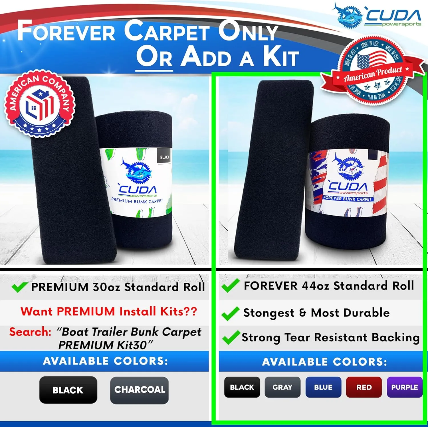 Trailer Hardware Kit-Cuda Boat Trailer Bunk Carpet 12 Inch Wide-FOREVER44-Charcoal 12" x 50Ft-No Kit-Carpet Only-Pontoon Trailer Bunk Carpet Waterproof Forever Kit44