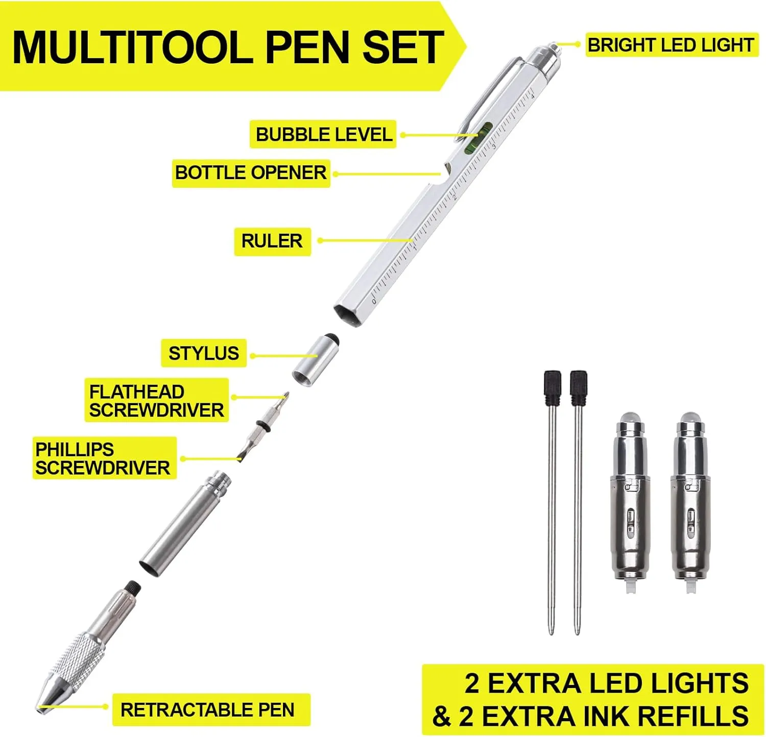 VIBELITE Fathers Day Dad Gifts for Dad Husband, 9 in 1 Multitool Pen Set with LED, Stylus, Level, Screwdriver, Fathers Day Gift from Daughter Wife Son, Gadgets for Men, Father, Silver, 1 Pack