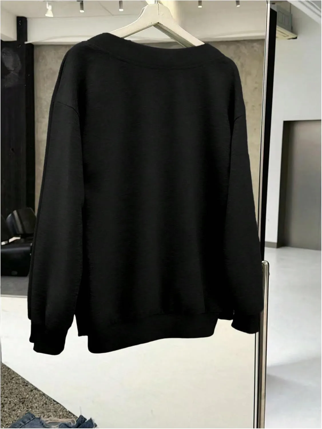 WDIRARA Women's V Neck Letter Graphic Oversized Sweatshirt Long Sleeve Drop Shoulder Pullover Top