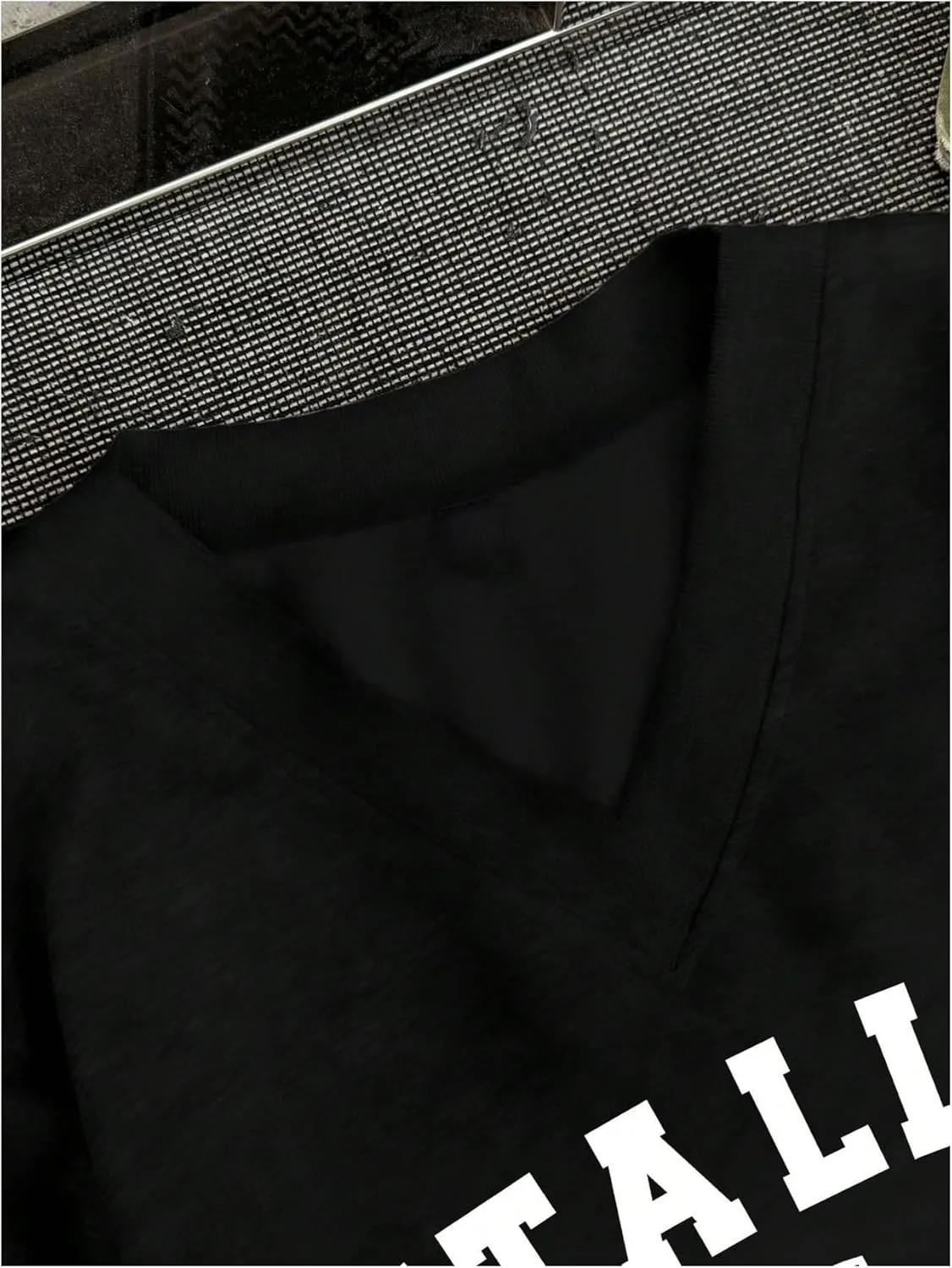 WDIRARA Women's V Neck Letter Graphic Oversized Sweatshirt Long Sleeve Drop Shoulder Pullover Top