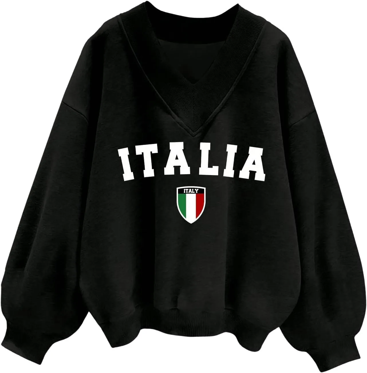 WDIRARA Women's V Neck Letter Graphic Oversized Sweatshirt Long Sleeve Drop Shoulder Pullover Top