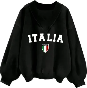 WDIRARA Women's V Neck Letter Graphic Oversized Sweatshirt Long Sleeve Drop Shoulder Pullover Top